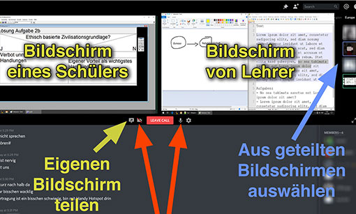 Ausschnitt: Discord-Sitzung mit zwei geteilten Bildschirmen (Schüler, Lehrer)