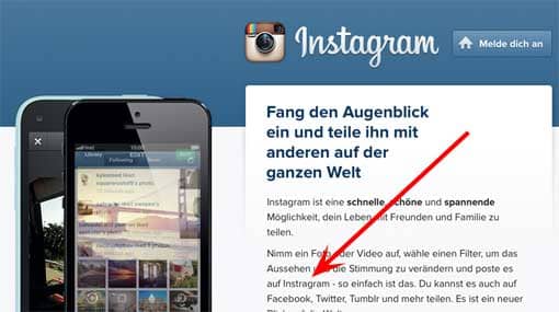 Ausschnitt: Homepage von Instagram mit Rechtschreibfehler