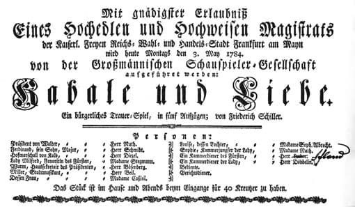 Kabale und Liebe - Theaterzettel von 1784