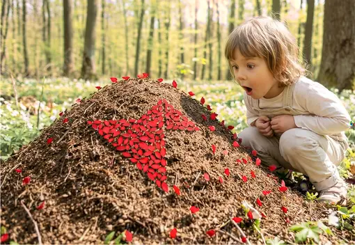 Ein Kind vor einem Ameisenhaufen, wo die Ameisen das Lehrerfreund-Logo abbilden