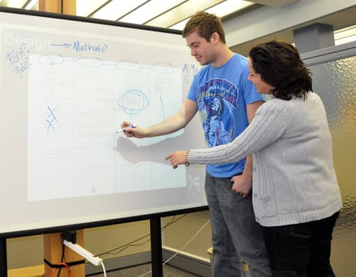 Lehrerin und Schüler an interaktivem Whiteboard