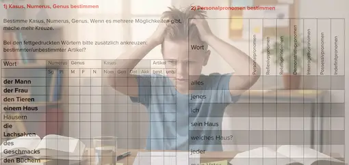 Ausschnitt Übungsblatt mit Overlay-Bild von gestresstem Schüler