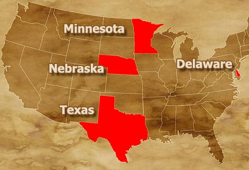 Karte der USA mit Minnesota, Nebraska, Delaware und Texas