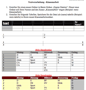 Vorschau: Screenshot der Klassenarbeit Tabellen/Textverarbeitung