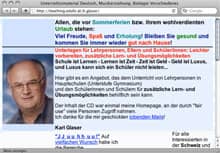 Screenshot von Karl Glasers Homepage mit Unterrichtsmaterialien für Deutsch, Bio, Musikerziehung