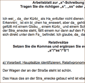 Vorschau: Arbeitsblatt 'Übungen: s-ss-s-ß-Schreibung, Kommasetzung bei Relativsätzen'