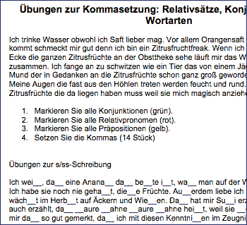 Vorschau: Arbeitsblatt 'Wortarten, s-ss-ß-Schreibung, Kommasetzung bei Relativsätzen und Konjunktionalsätzen'