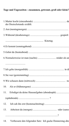 Ausschnitt aus dem Übungsblatt zu den Tageszeiten