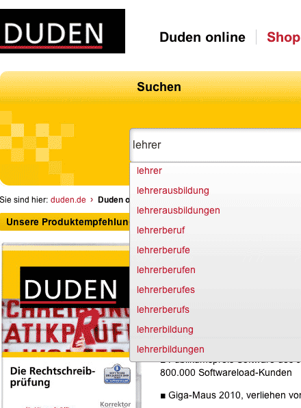 Screenshot: Dudensuche online mit Autovervollständigung