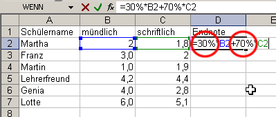 Gewichtung verändern durch ändern der Prozentwerte für mündlich/schriftlich in der Notenberechungsformel