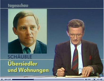 Bildschirmfoto der tagesschau vom 9. November 1989 - Jo Brauner gibt die Worte von Bundesinnenminister Schäuble wieder