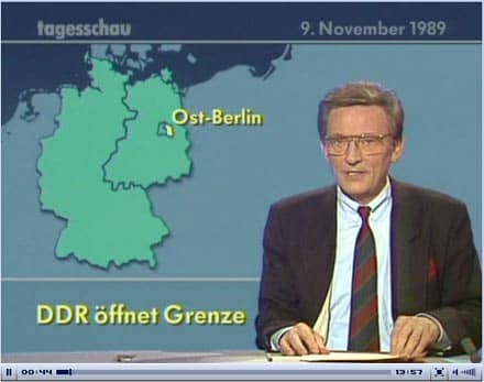 Bildschirmfoto der tagesschau vom 9. November 1989 mit Jo Brauner