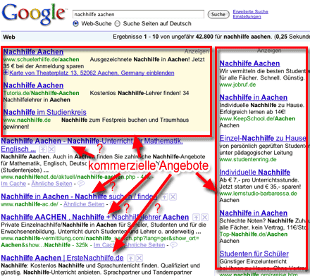 Screenshot: Google-Suche nach 'nachhilfe aachen' (04.05.2009)