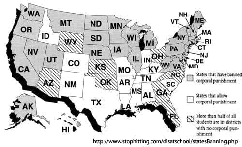 Karte der USA, auf der die Staaten, in denen die Prügelstrafe erlaubt/teilweise erlaubt/verboten ist, eingezeichnet sind