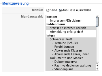 Screenshot: Dem Intranet-Template die Menüeinträge des Intranets zuweisen