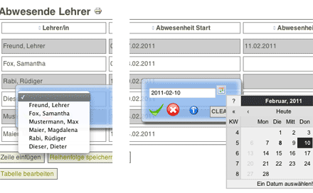 Screenshot: Joomla-Komponente 'Event Table Edit' im Einsatz im Schulintranet (bei 'Abwesende Lehrer')