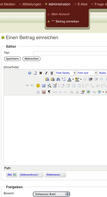 Screenshot: Schwarzes Brett - Beitrag erstellen