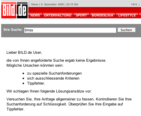 Screenshot: Suchergebnisseite auf BILD.de bei der Suchanfrage 'timss'