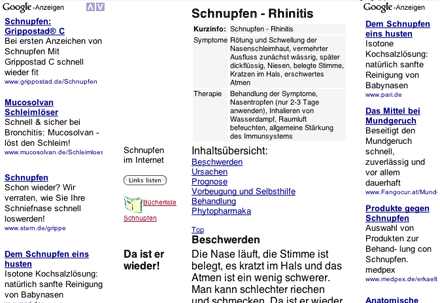 Seite über 'Schnupfen', die weniger der Information als der Anzeigenvermarktung dient (Screenshot, Ausschnitt)