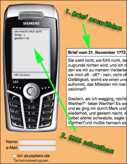 Screenshot vom Gewinnspiel zu 'Briefe von Werther als SMS'