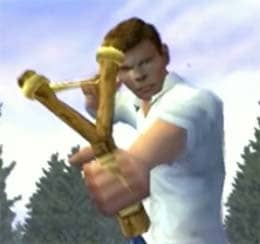 Screenshot aus dem Spiel 'Bully', auf dem ein gewalttaetig aussehender Schueler mit einer Steinschleuder zielt
