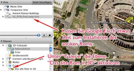 Screenshot Google Earth: Installation des alten Roms über die Google-Earth-Oberfläche