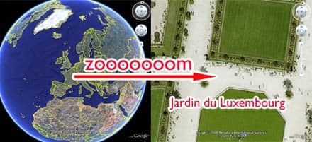 zwei Screenshots von Google Earth (Erdkugel; Paris, Jardin du Luxembourg)