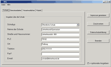 Schulhomepageimpressumgenerator: Eingabemaske 1