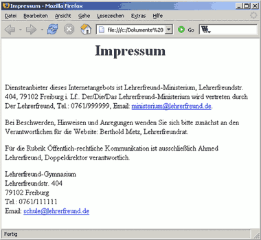 Schulhomepageimpressumgenerator: Anzeige im Browser