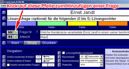 Screenshot des Kreuzworträtselgenerators 'CrissCross'; Markierungen an den Pfeilen, mit denen Fragen zum Kreuzworträtsel hinzugefügt werden können.