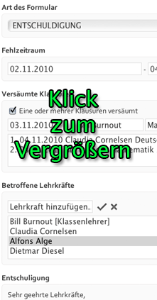 Vorschaubild (Ausschnitt): Eingabeformular zum Erzeugen eines Entschuldigungsschreibens