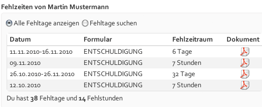 Liste der Fehlzeiten / Entschuldigungsarchiv (Screenshot von MyExcuse.de