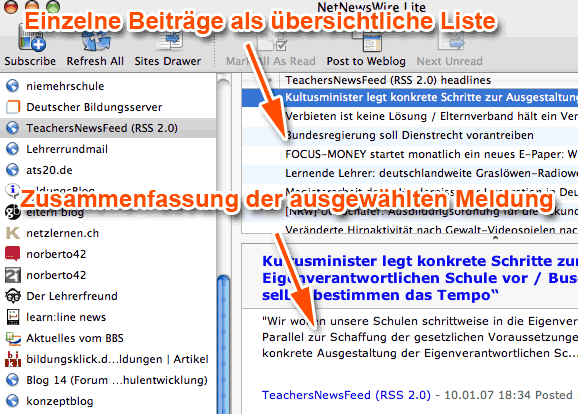 Screenshot des Feedreaders 'NetNewsWire' für Mac OS X