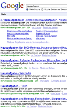 Screenshot: Google-Suchergebnisseite bei der Suche nach 'hausaufgaben' (18.08.2008)