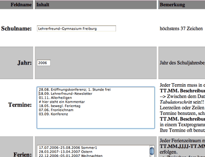 Schuljahreskalender - Maske zur Eingabe der Daten - Screenshot