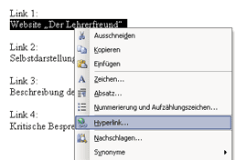 Hyperlink einfügen, Variante 1: über Kontextmenü
