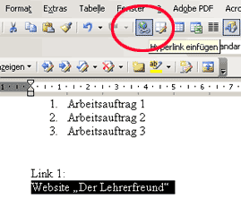 Hyperlink einfügen, Variante 2: über Symbolleistenbutton