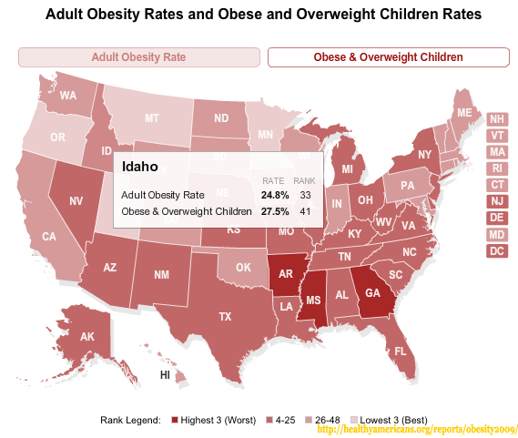Karte, auf der die Übergewichtigkeitsraten in der USA angezeigt werden (Stand 2009)