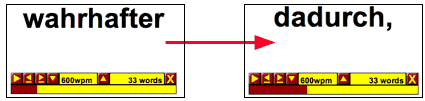 zapreader: Screenshot des ablaufenden Texts bei einer Geschwindigkeit von 600 Wörtern pro Minute