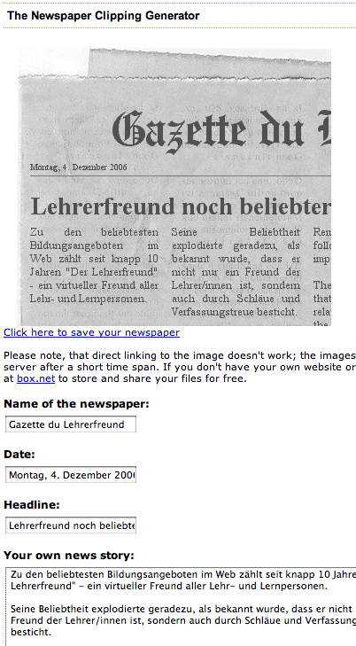 Screenshot des Zeitungsartikelgenerators