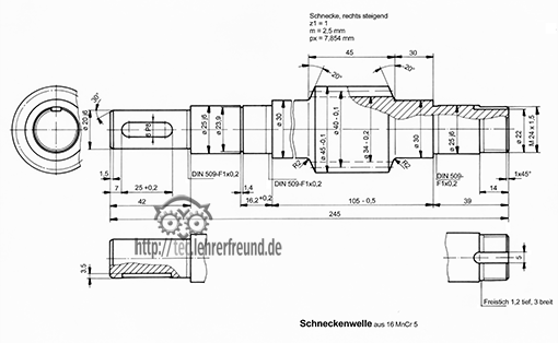 Die bemaßte Schneckenwelle mit allen erforderlichen Ansichten.