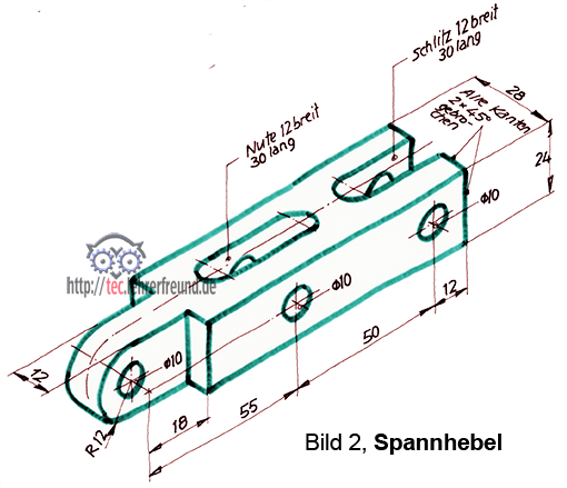 Bemaßter Spannhebel in Perspektive