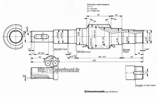 Die bemaßte Schneckenwelle mit allen erforderlichen Ansichten.