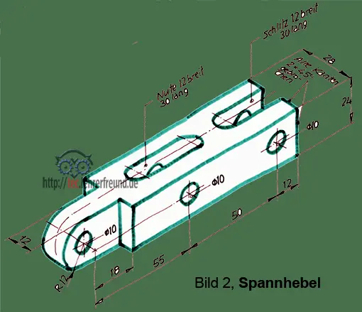 Bemaßter Spannhebel in Perspektive