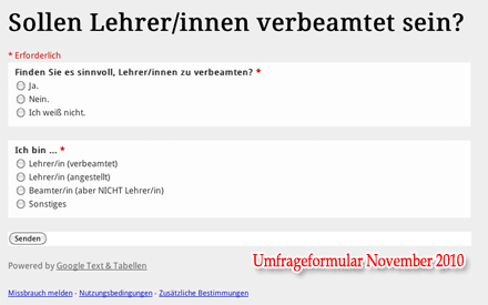 Formular der Umfrage 'Sollen Lehrer Beamte sein?' (Screenshot)